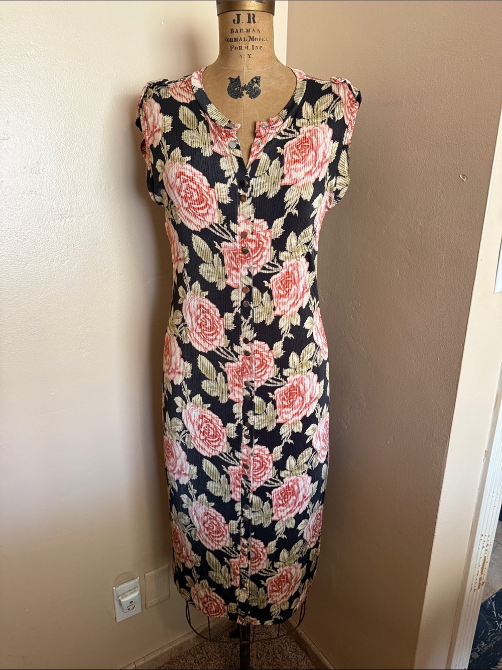 Paco Rabanne Made in France Floral Rose Button Front Dress Size 42